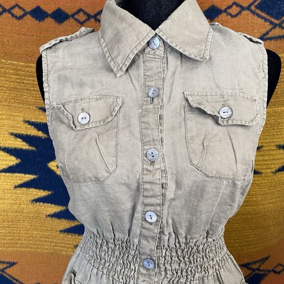 Y2K Yank 100% Linen Button Up Collared Blouse. Pockets! Sleevless. Size Medium. - Picture 2 of 16